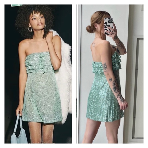 FREE PEOPLE x Revolve Frida Mint Green Sequin Strapless Ruffle Mini Dress US 8 - Picture 1 of 7